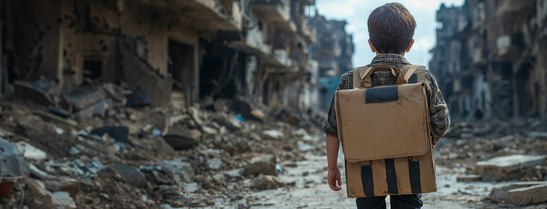 Zerstörte Häuser und Trümmer im Hintergrund, im Vordergrund ein Bub mit Schultasche. Er ist von hinten zu sehen. 