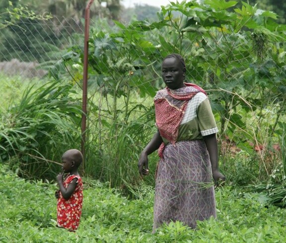 Afrikanische Frau mit Kind bei der Arbeit am Feld