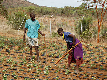 Ein Mann und eine Frau arbeiten in einem Gemeinschaftsgarten in Uganda, umgeben von einem Zaun und Pflanzen.